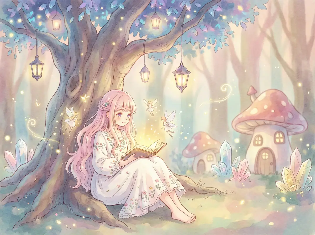 学生的朋友3 - 魔法森林中阅读故事书的粉发少女与精灵